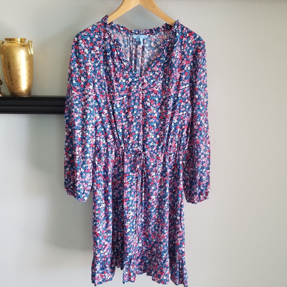 Draper James blue pink and red floral print long sleeve dress L